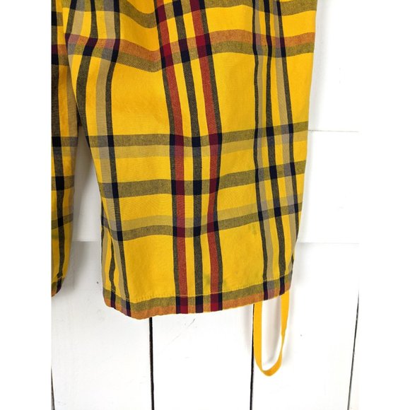 90s vintage yellow plaid wide leg cropped cotton high waisted drawstring pants - Picture 7 of 9